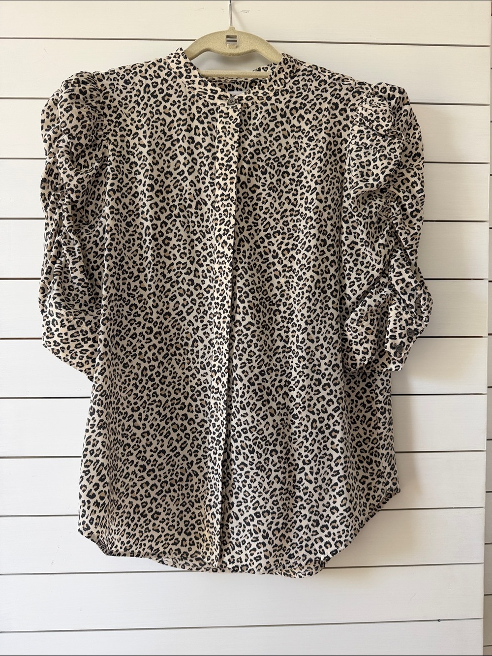 Frame Denim Silk Leopard Puff-Sleeve Button-Up Blouse